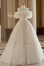 Light Champagne Tulle Lace Floor Length Formal Prom Dress, Beautiful A-Line Evening Party Dress