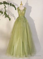 Light Green A-line Tulle with Lace Applique Prom Dress, Green Formal Dress
