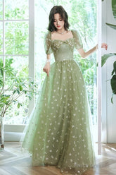 Light Green Tulle Long Formal Gown Party Dresses, Green Evening Prom Dresses