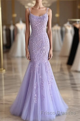 Light Purple Lace Mermaid Formal Prom Dresses, Purple Lace Mermaid Formal Evening Dresses