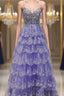 Light Purple V Neck Layered Lace Formal Prom Dress