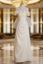 Light Yellow A-Line Satin Off-Shoulder Tulle Long Formal Prom Dress Graduation Formal Prom Dress Wedding Dress