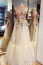Spaghetti Straps Tulle Floor Length Long Prom Dress with Flowers, Evening Gown