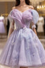 Lightpurple Tulle Off Shoulder Short Formal Prom Dress, Cute A-Line Off Shoulder Homecoming Dress