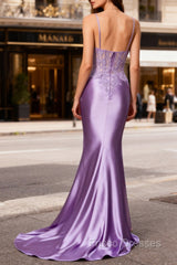 Lilac Floral Mermaid Corset Long Formal Prom Dress with Slit