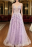 Lilac Formal Prom Dress, A-line V Neck Spaghetti Straps Long/Floor-Length Tulle Formal Prom Dress With Appliqued Sequins
