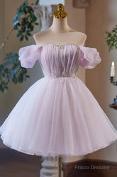 Lilac Tulle Knee Length Party Dress, Lovely A-Line Off The Shoulder Evening Dress