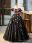 Black Tulle Long Prom Dress with Lace Flowers, Beautiful Off Shoulder Evening Gown