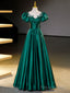 Green Satin Lace Floor Length Formal Dress, Short Sleeve A-Line Evening Dress
