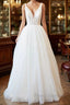 Long A-line Open Back Sequins Tulle Backless Wedding Dress