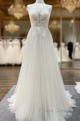 Long A-line Tulle Open Back Halter Sleeveless Lace Wedding Dress