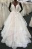 Long A-line Tulle V Neck Open Back Layered Wedding Dress