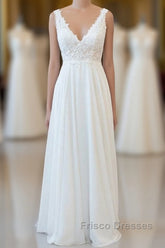 Long A-line V-neck Appliques Lace Chiffon Wedding Dress