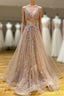 Long A-line V-neck Lace Tulle Formal Prom Graduation Evening Dress