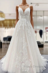 Long A-line V-neck Tulle Sleeveless Appliques Lace Backless Wedding Dress