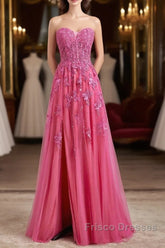 Long Fuchsia Formal Prom Dress Strapless A-Line Floral Formal Wear Slit
