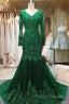 Long Mermaid Sequin Beaded Green Formal Prom Dress With Sleeves Lace Formal Dress
