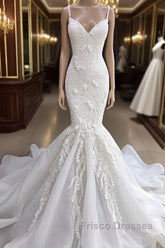 Long Mermaid Spaghetti Strap Appliques Lace Wedding Dress
