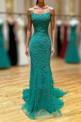 Long Mermaid Strapless Tulle Open Back Lace Formal Prom Dress