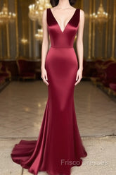 Long Mermaid V Neck Satin Bridesmaid Dress