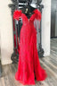 Long Off Shoulder Red Lace Prom Dresses Feathers V Neck Mermaid Evening Dress