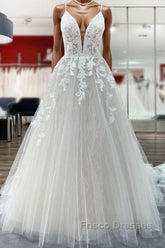 Long Princess Tulle V Neck Sequins Lace Appliques Wedding Dress