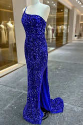 Long Sequin Formal Prom Dress Royal Blue Formal Dress One-Shoulder