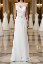 Long Sheath Illusion Lace Wedding Dress with Cap Sleeve