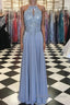 Long Silver Chiffon Formal Prom Dress Halter Evening Gowns New Arrival