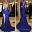 Long Sleeves Blue Gold Formal Prom Dress Side Slit Formal Gowns
