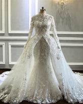 Long Sleeves Mermaid Wedding Dresses Lace High Neck