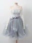 Long Sleeves Short Gray Prom Dress With White Lace, Long Sleeves Short Lace Graduation Homecoming Dresses