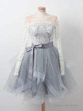 Long Sleeves Short Gray Prom Dress With White Lace, Long Sleeves Short Lace Graduation Homecoming Dresses