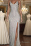 Long White Sequin Formal Prom Dress Cross Back Halter Evening Gown