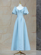 Blue Satin Pearl Long Prom Dress, A-Line Blue Evening Party Dress