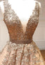Plunging V-Neck Tulle Long Prom Dresses, Lace Formal Dresses