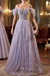 Lovely A-Line Tulle Sequins Floor Length Formal Prom Dress, Off The Shoulder Evening Party Dress