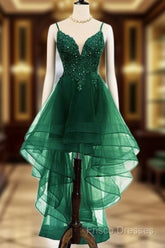Lovely Dark Green High Low Chic Party Dress Formal Prom Dress, V-Neckline Straps Homecoming Dress