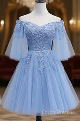 Lovely Light Blue With Lace Off Shoulder Short Formal Prom Dress, Blue Homecoming Dress