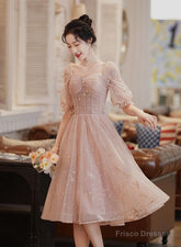 Lovely Pink Lace Short Sleeves Sweetheart Vintage Style Party Dress, Pink Homecoming Dresses