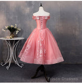 Lovely Pink Off Shoulder Party Dress, Lace Applique Prom Dress
