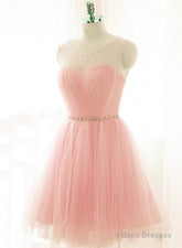 Lovely Pink Short Tulle Beaded Graduation Dresses, Pink Knee Length Prom Dress, Party Dresses