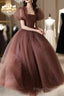 Lovely Puffy Sleeves Tulle Long Party Dress, Scoop Ball Gown Long Formal Prom Dress