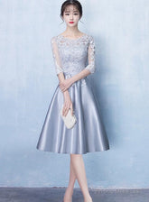 Lovely Sliver Grey Satin And Lace Short Sleeves Homecoming Dress, Short Party Dress Prom Dress