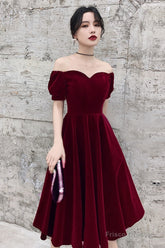 Lovely Wine Red Short Sleeves Velvet Homecoming Dress, Burgundy Prom Dress Formal Dress