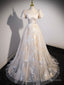 Champagne Tulle Long Formal Dresses, Champagne Short Sleeve Evening Dresses