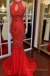 Luxurious Crystal Beaded Halter Mermaid Evening Dress Leg Split Formal Prom Gowns