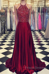 Luxurious Crystal Halter Formal Prom Dress Long Satin Leg Split Evening Gowns