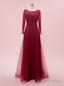Luxury Burgundy Tulle Long Sleeve Beading Sequins Prom Dress