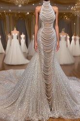 Luxury Long Mermaid Halter Beading Sleeveless Wedding Dresses With Pearls